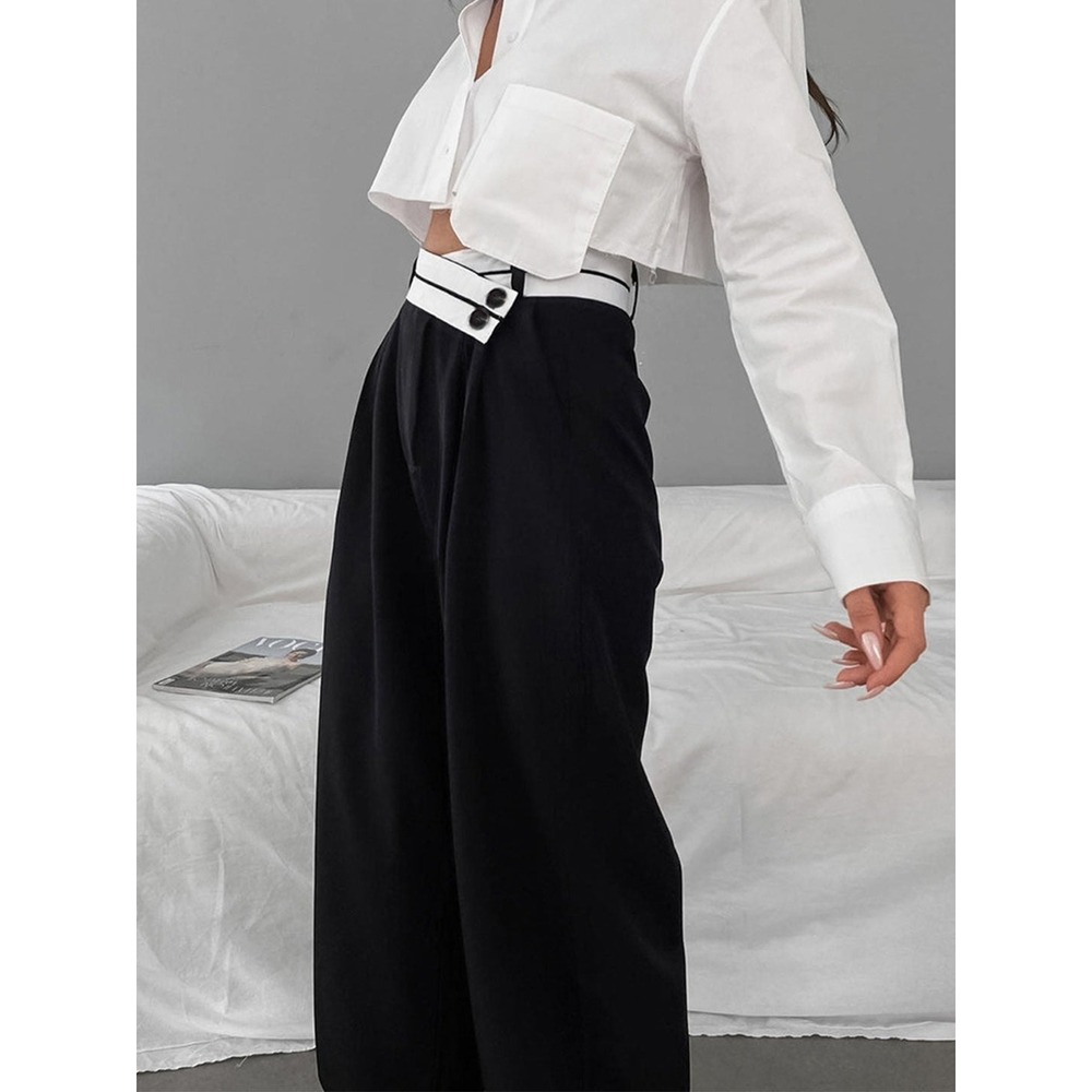 Commense NWT Asymmetrical Contrast Waistband Wide Leg Dress Pants Black XS - Picture 4 of 10